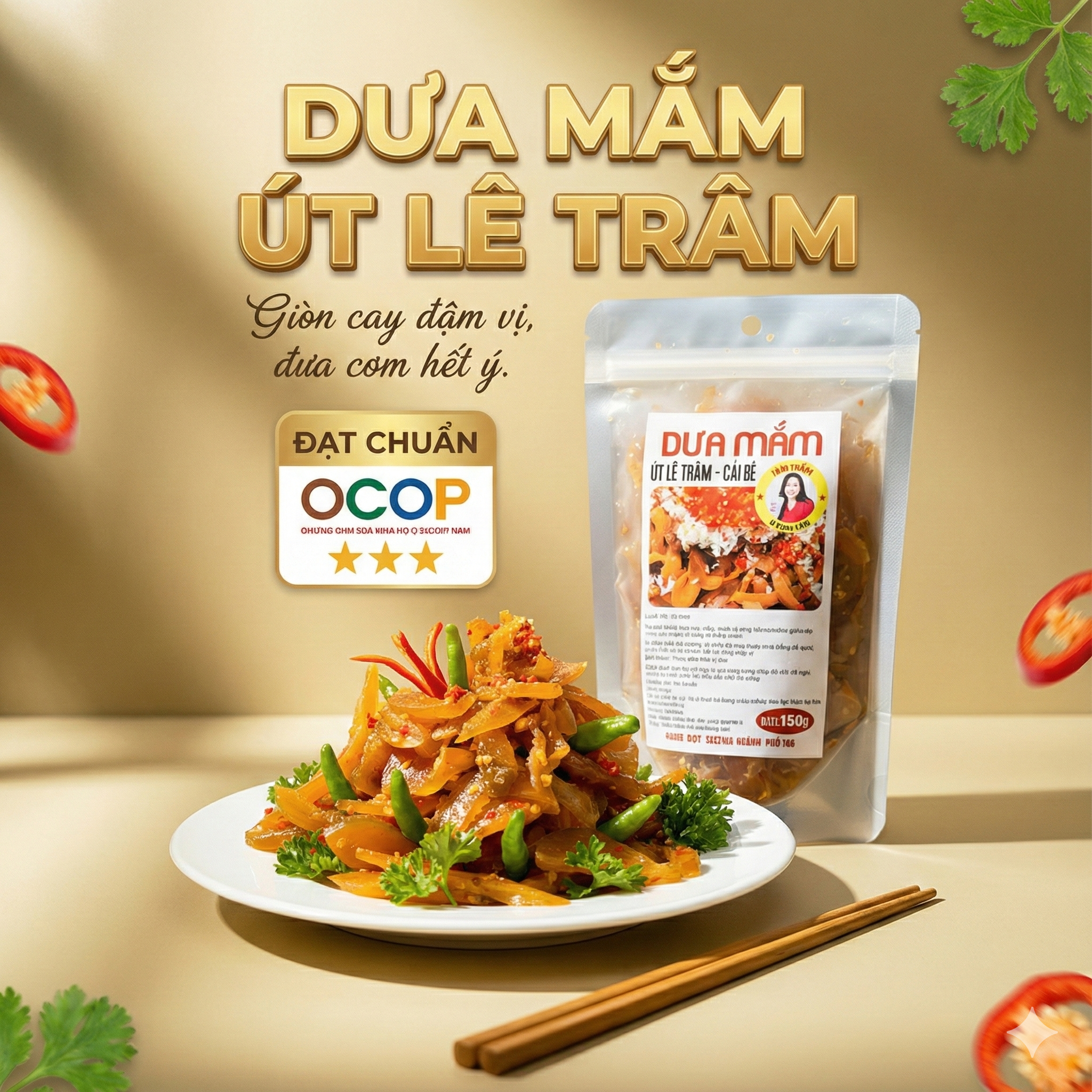 A clean product shot of Dưa Mắm and seasoning salt jars with fresh garlic and herbs on a white background.